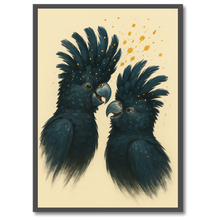 Indlæs billede til gallerivisning Kakaduer duo plakat Plakana 21x30 cm (A4) Sort egetræ
