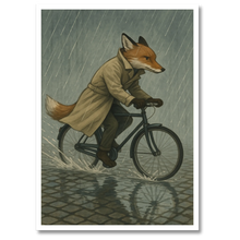 Indlæs billede til gallerivisning Ræv på cykel plakat Plakana 21x30 cm (A4) Hvid Egetræ
